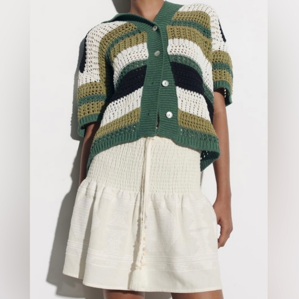 NWOT Zara Linen Blend Tribal Smocked Flare Skirt, Strapless Top Swim Cover M - Picture 2 of 13